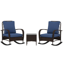 3 Piece Wicker Patio Furniture Set, Outdoor PE Rattan Rocking Chairs with Coffee Table, Cushions for Porch, Brown