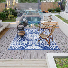 Outdoor Rug for Patio, 9' x 12' Waterproof Large Mat, Reversible Plastic Straw Rug for Decor, Portable Outside RV Camping Area Carpet Mat for Backyard Porch Deck Picnic, Blue & White Floral