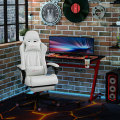 High Back PU Leather Gaming Chair, Racing Computer Chair with Swivel Wheels, Retractable Footrest, Headrest, Lumbar Support, and Armrest, White and Pink