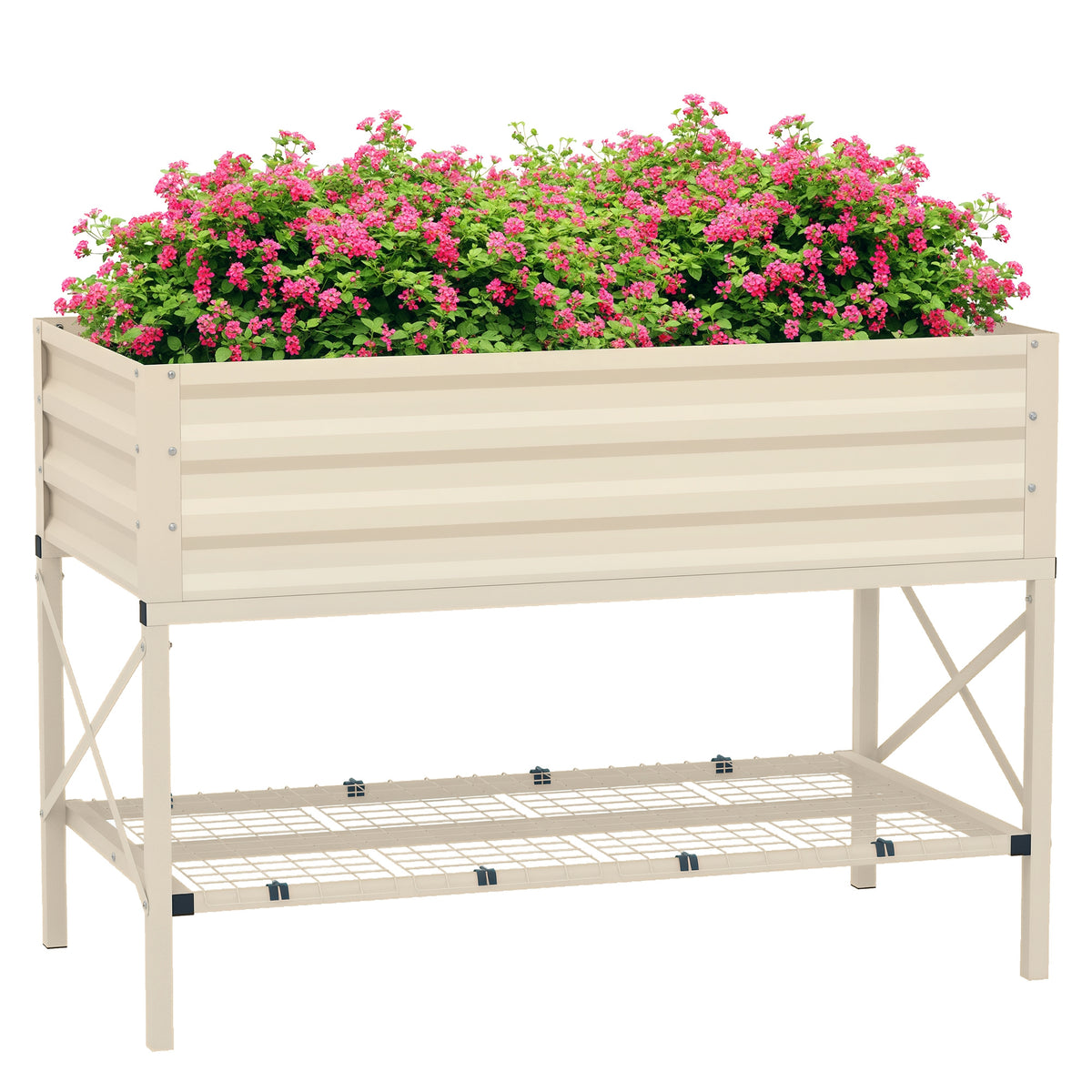 Galvanized Raised Garden Bed, Metal Planter Box with Legs, Storage Shelf and Bed Liner, Cream