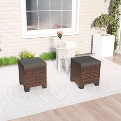 2 Piece Wicker Outdoor Ottomans with Cushions, Rattan Ottoman Footrest and Side Table for Patio, Yard, Poolside, Gray