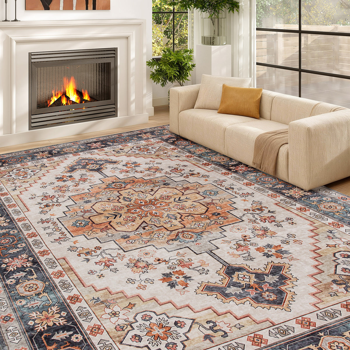 Area Rug 8x10, Machine Washable Rug, Non-Slip Boho Print Pattern Medallion Carpet for Living Room, Bedroom, Tawny Brown