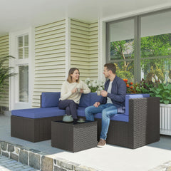 3 Piece Patio Furniture Set, Wicker Outdoor Patio Conversation Furniture Set with Cushions, Glass Top Table, Navy Blue