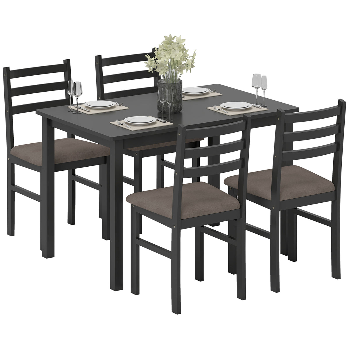 5-Piece Small Kitchen Table Set for 4, Farmhouse Dining Table Set with Upholstered Chairs and Rubber Wood Legs, Black