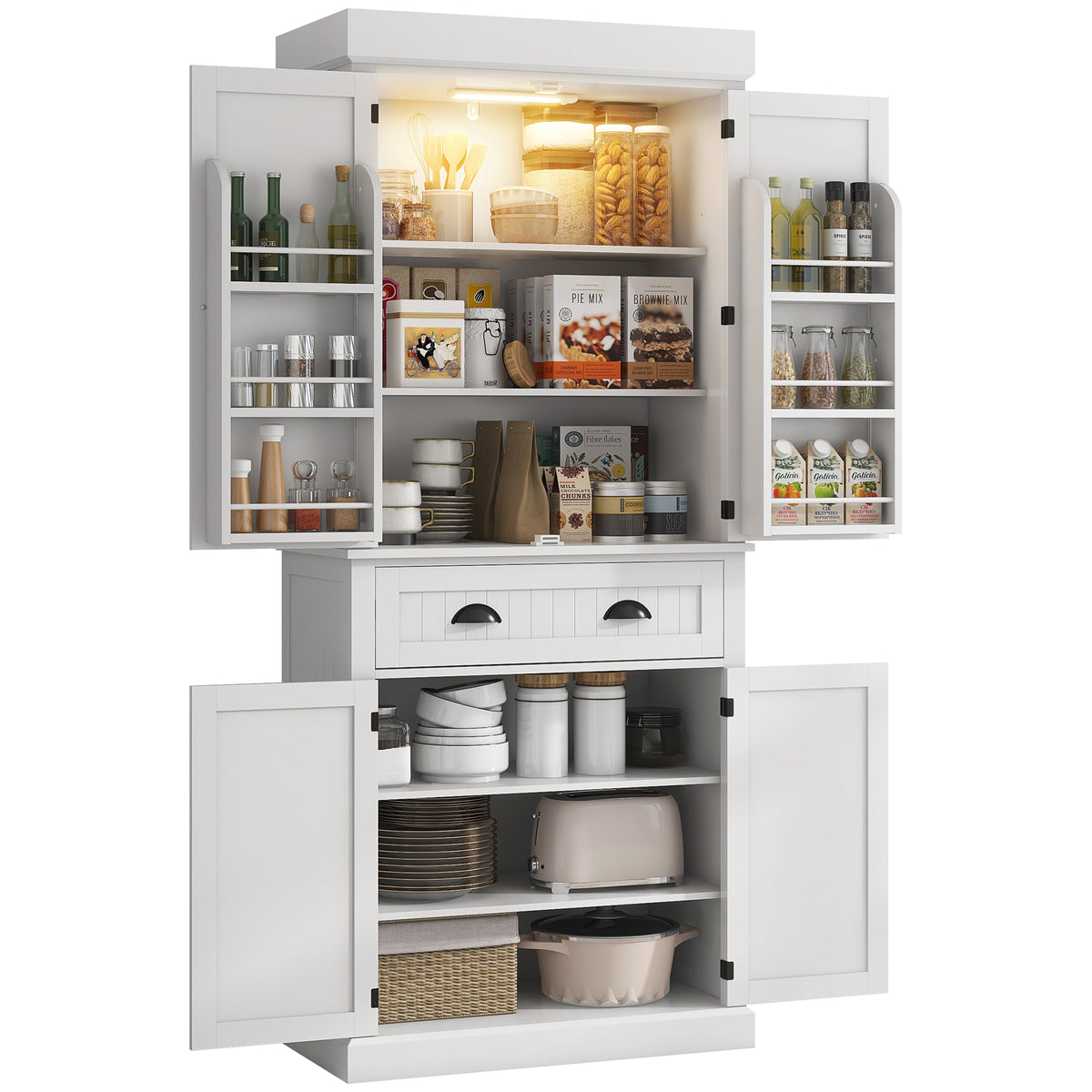 71" Kitchen Pantry Cabinet with LED Lights, 6 Door Shelves, a Drawer and 4 Adjustable Shelves, White
