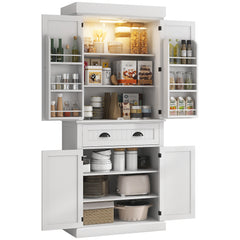 71" Kitchen Pantry Cabinet with LED Lights, 6 Door Shelves, a Drawer and 4 Adjustable Shelves, White