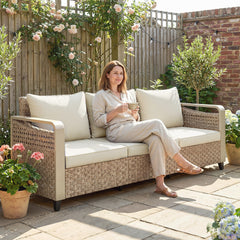 Rattan Wicker Sofa 3-Seater Outdoor Patio Sofa with Cushions for Garden Backyard Porch Beige