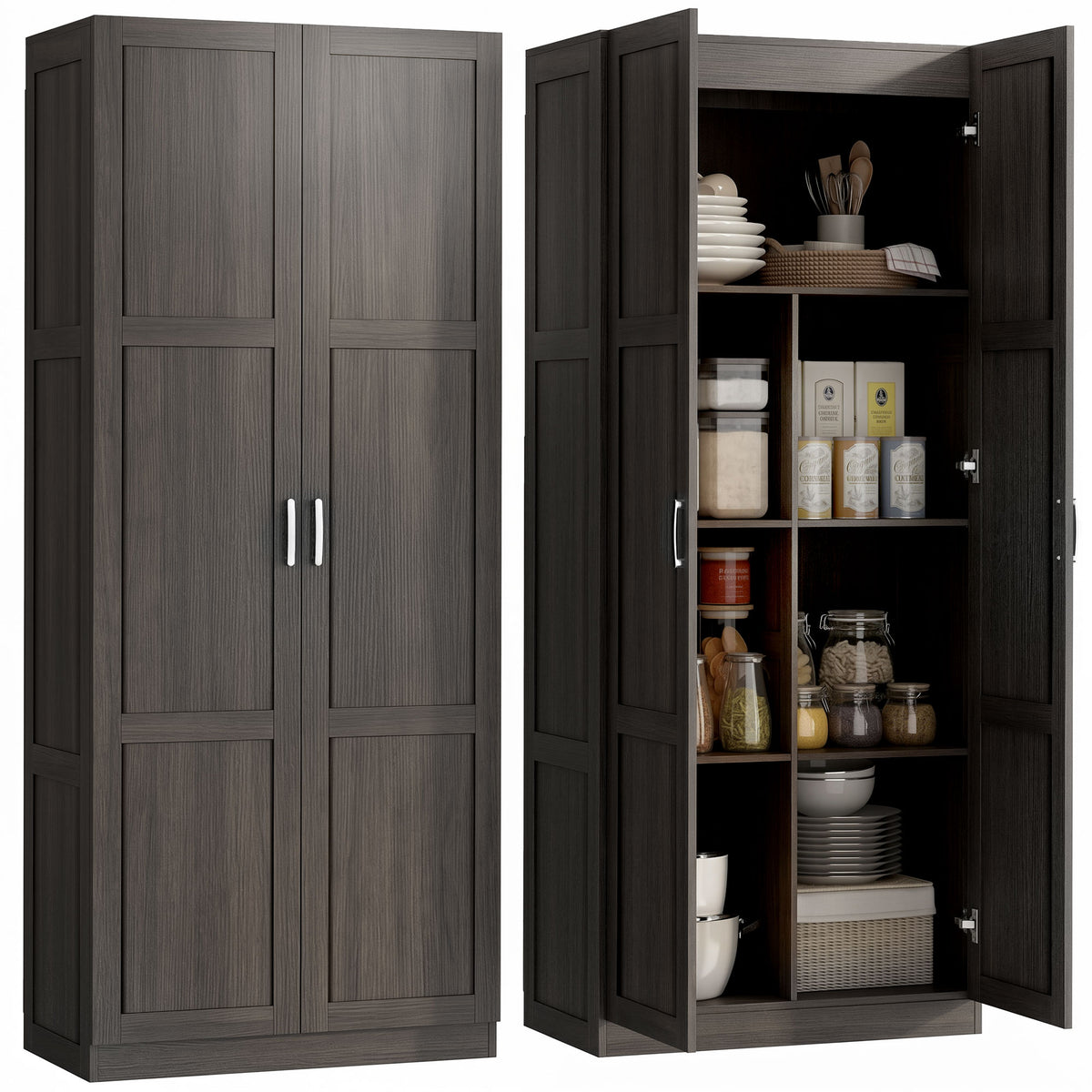 Farmhouse Pantry Cabinet, 71" Tall Kitchen Pantry Storage Cabinet with Soft-Close Hinges, Adjustable Shelves, Espresso
