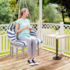 Hammock Swing Chair, Macrame Hanging Chair with Large Cushion, Chain, Steel Frame for Indoor Outdoor Use, Blue and White