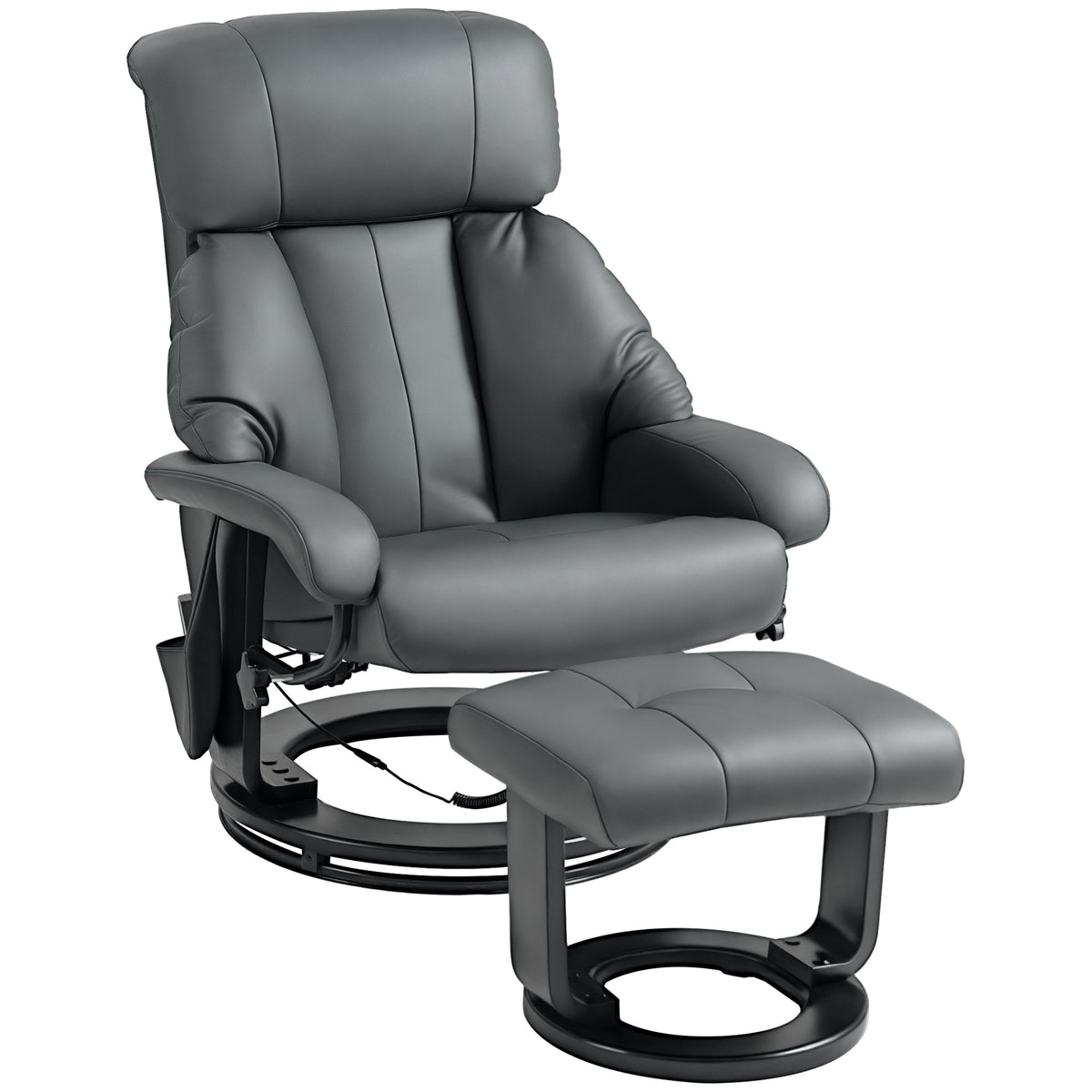 Swivel Recliner with Ottoman, Faux Leather Reclining Chair with Massage, Footstool Remote and Side Pocket, Gray