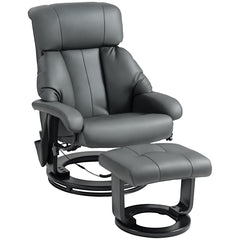 Swivel Recliner with Ottoman, Faux Leather Reclining Chair with Massage, Footstool Remote and Side Pocket, Gray