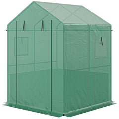 Greenhouse with Raised Garden Bed, Galvanized Steel Outdoor Greenhouse with Roll Up Door, 56" x 56" x 75", Dark Gray