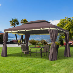 10' x 13' Patio Gazebo, Aluminum Frame Double Roof Outdoor Gazebo Canopy Shelter with Netting & Curtains, Coffee