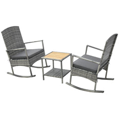 3 Piece Outdoor PE Rattan Rocking Chair Set, Patio Wicker Recliner Rocker Chair with Soft Cushion & Nature Wood Top Coffee Table, Grey