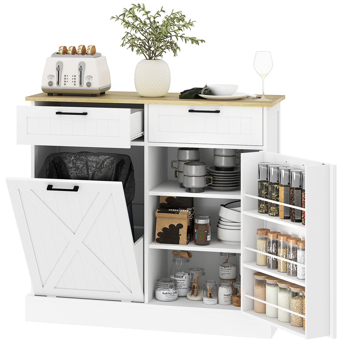 10 Gallon Farmhouse Kitchen Cabinet with Hidden Trash Can and 2 Drawers, Tilt Out Trash Can Cabinet for Kitchen, White