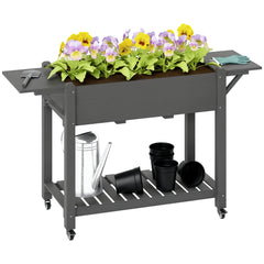Wood Raised Planter Box, Elevated Garden Bed with Lockable Wheels, Side Tables, Bottom Shelf, Drain Holes, Gray