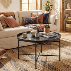 Coffee Table for Living Room, 24" Round Center Table with Hammered Tray Top and Metal Frame for Bedroom, Black