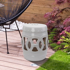 14" x 17" Ceramic Garden Stool with Double-Coin Knotted Ring Design & Strong Glazed Material, Decorative Outdoor Stool, Home Collection, White