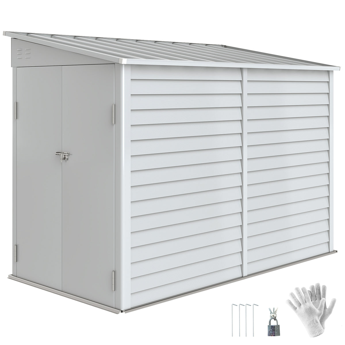 4.6' x 9' Outdoor Storage Shed, Lean to Metal Shed with Foundation Kit, Lockable Doors and Gloves for Patio, Lawn, White