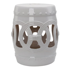 14" x 17" Ceramic Garden Stool with Double-Coin Knotted Ring Design & Strong Glazed Material, Decorative Outdoor Stool, Home Collection, White