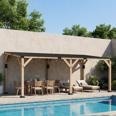 10' x 20' Wooden Gazebo, Hardtop Lean-to Gazebo Pergola with Galvanized Steel Sloped Roof, Light Walnut