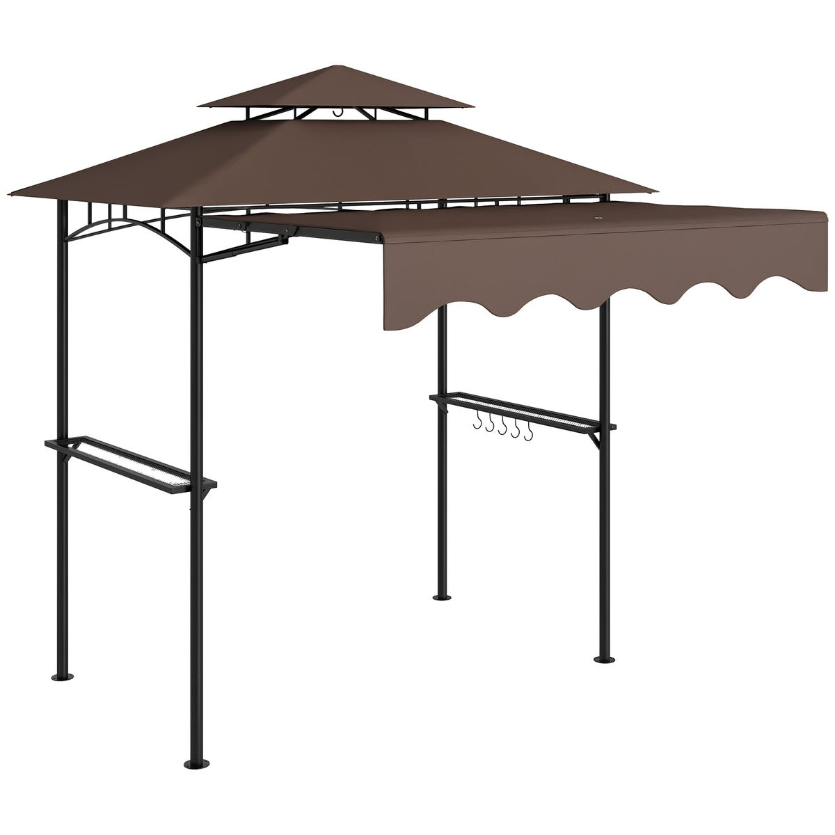 8' x 7.6' Outdoor Grill Gazebo, Barbecue Gazebo Shelter with Side Awning, 2 Side Shelves and 6 Hooks, Brown