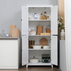 72" Freestanding Kitchen Pantry Cabinet, Farmhouse Tall Storage Cabinet with 4 Door Cabinets and Adjustable Shelves for Dining Room, White