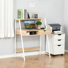 Home Office desk, Computer Desk for Small Spaces, Study Table with Drawer and Storage Shelves, Natural