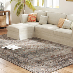 Machine Washable Area Rug 8x10, Non-Slip Traditional Floor Cover Foldable Carpet for Living Room, Dark Mixed-Brown