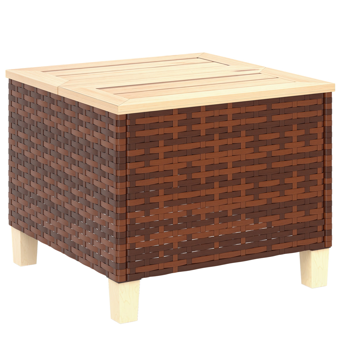 Outdoor Side Table with PE Rattan, Patio End Table with Natural Fir Wood Tabletop and Legs, Weather Resistant Accent Table for Patio Pool Porch, Brown