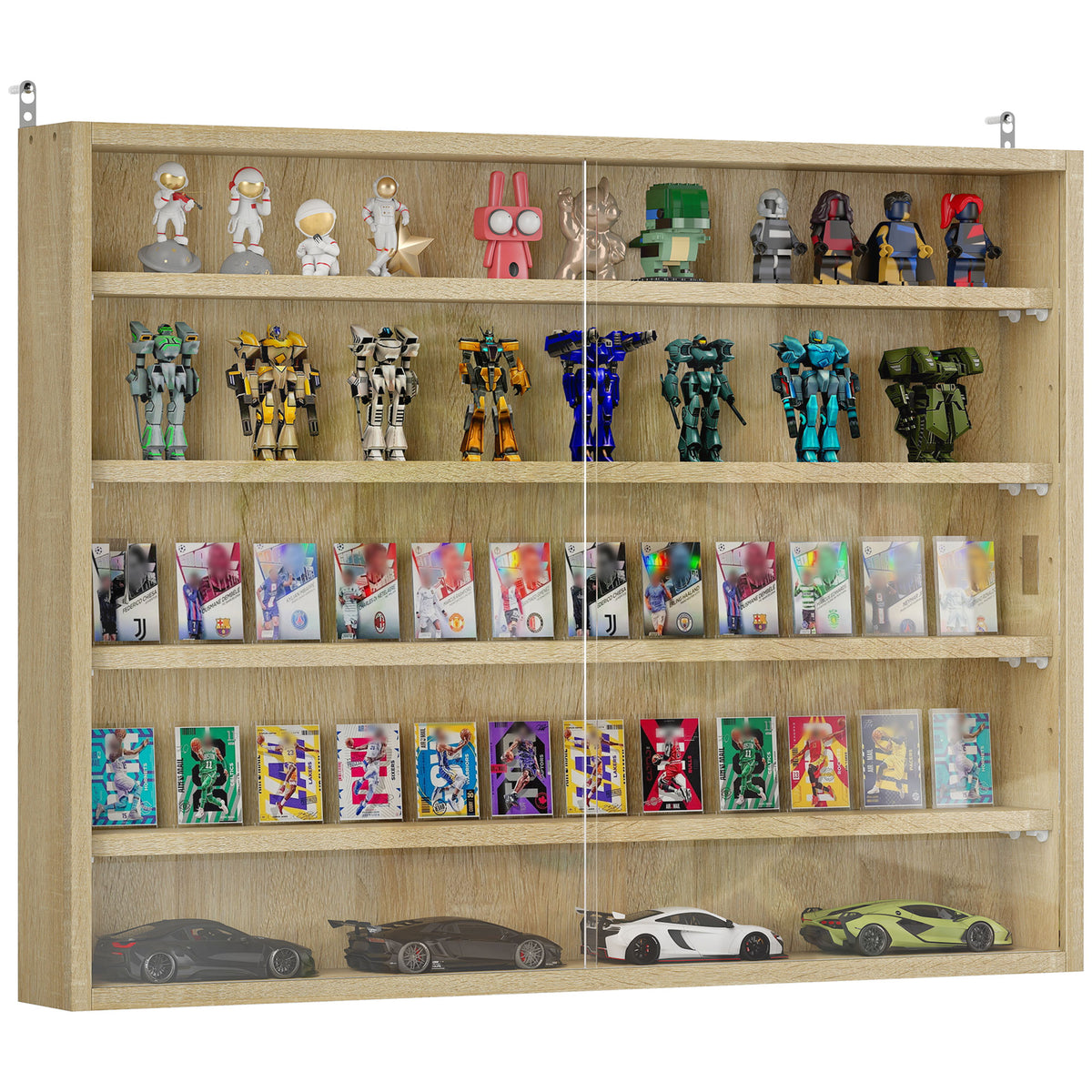 5-Tier Display Cabinet, Wall-Mounted Display Case with 2 Glass Doors and Adjustable Shelves, Oak