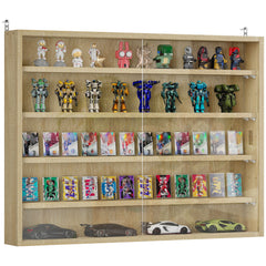 5-Tier Display Cabinet, Wall-Mounted Display Case with 2 Glass Doors and Adjustable Shelves, Oak