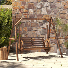 2-Seat Porch Swing with A-Frame Stand, Wooden Log Patio Swing Chair Bench with Wagon Wheel Armrests, Carbonized Brown