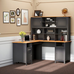 L Shaped Computer Desk with Hutch, 59" Corner Desk, Space Saving Home Office Desk with Storage Shelves, Drawer and Cabinet, Black
