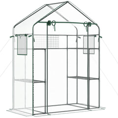 Outdoor Walk-in Mini Greenhouse with Mesh Door & Windows, Small Portable Garden Green House with 3 Tiers 6 Shelves, Trellis, & Plant Labels
