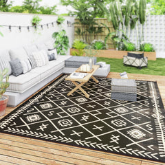 Reversible Outdoor Rug, Waterproof Plastic Straw with Carry Bag, 9' x 12', Black & Beige Rhombus