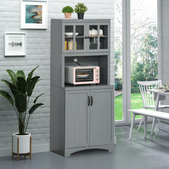 Storage Cabinet with Adjustable Shelves and Microwave Space, 70" Pantry Cabinet with Glass Framed Door, Gray