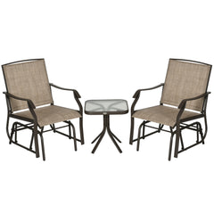 3 Piece Outdoor Glider Chair with Coffee Table Bistro Set, 2 Patio Rocking Swing Chairs with Breathable Sling Fabric, Glass Tabletop, for Backyard, Garden and Porch, Mixed Brown