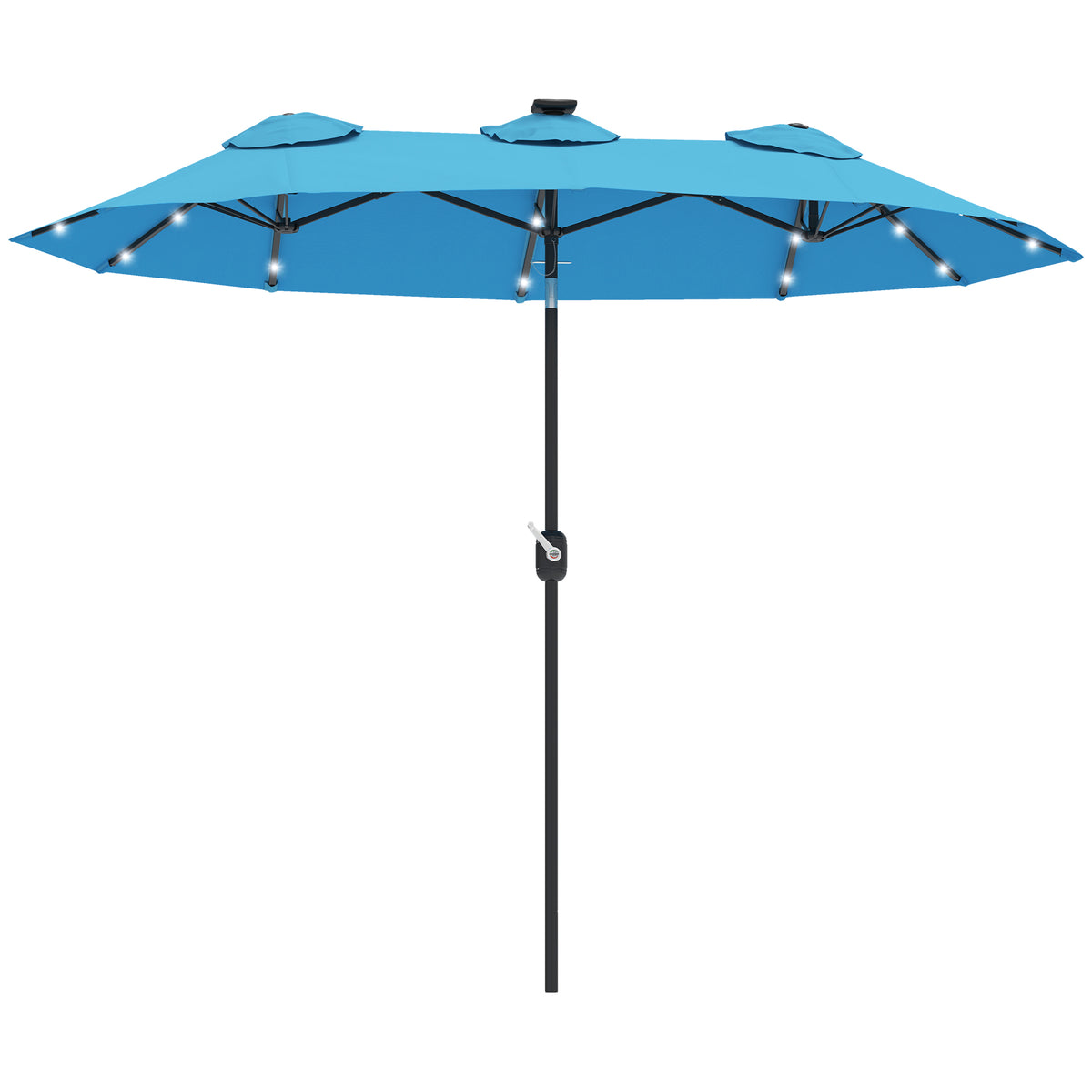 Double-sided Patio Umbrella, 9.7' Outdoor Umbrella with Tilt and Crank, LED Solar Light and 12 Ribs, Light Blue