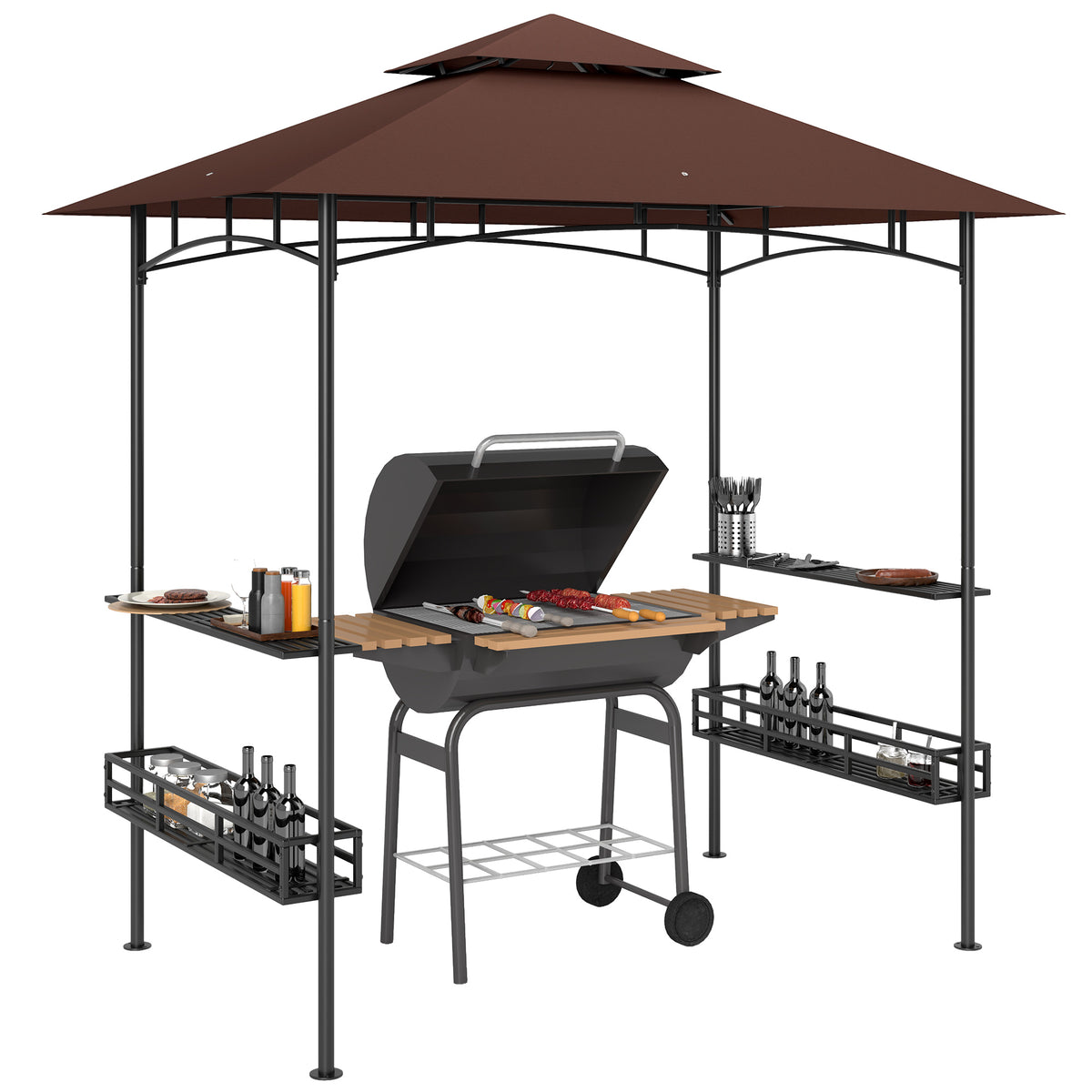 8' x 5' BBQ Grill Gazebo, 2-Tier Outdoor BBQ Gazebo with 2 Side Shelves, Storage Baskets, Ceiling Hook, Dark Brown
