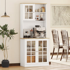 Kitchen Pantry Storage Cabinet, 72" Freestanding Cabinet with Hutch, Large Countertop, Glass Doors and Adjustable Shelves for Dining Room, White