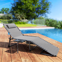 Folding Outdoor Chaise Lounge Chair Tanning Chair with 5-Level Adjustable Back, Side Table, Pillow, Pocket, Gray