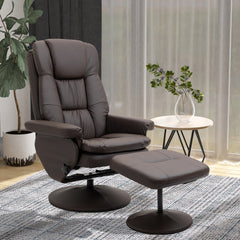 PU Leather Recliner Chair with Ottoman, Swivel Recliner and Ottoman with Round Wrapped Base for Living Room, Brown