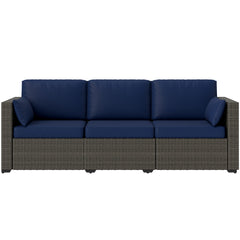 Patio Couch PE Wicker Deep Seating Outdoor Sofa with Removable Cushions, 3 Seater Rattan Sofa, Outdoor Furniture for Balcony, Deck, Garden and Poolside, Navy Blue