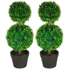 2 Pcs 23.6" Artificial Boxwood Ball Topiary Tree Set of 2 Fake Plants in Pot with Double Ball-Shaped Leaves Green