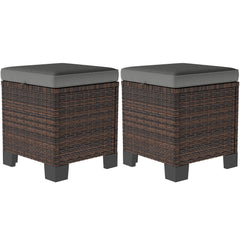 2 Piece Wicker Outdoor Ottomans with Cushions, Rattan Ottoman Footrest and Side Table for Patio, Yard, Poolside, Gray