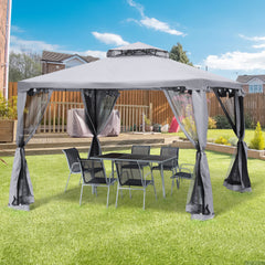 9.6' x 9.6' Patio Gazebo, Outdoor Canopy Shelter with 2-Tier Roof and Netting, Steel Frame for Garden, Lawn, Backyard, and Deck, Gray