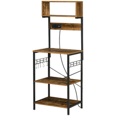 Kitchen Bakers Rack with Power Outlet, USB Charger, Microwave Stand, Coffee Bar with Adjustable Shelves, 5 Hooks for Spices, Pots and Pans, Rustic Brown