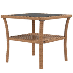 Rattan Side Table, Outdoor End Table with Storage Shelf, Aluminum Frame Square, Coffee Table with Tempered Glass Top, Sand