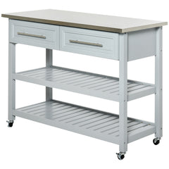 Kitchen Island with Stainless Steel Top, Traditional Kitchen Island with Storage, Butcher Block Cart 2-Tier Open Shelves, Drawers, Light Gray